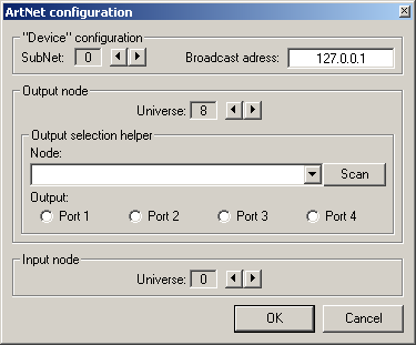 Abbildung 1:Konfiguration ArtNet-Ausgabeplugin DMXControl 2