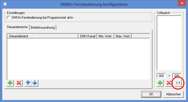 Abbildung 8:Konfiguration DMXIn Fernbedienung mit Softpatch DMXControl 2